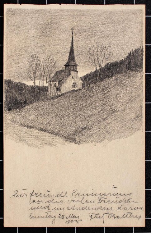 Unbekannt - Landschaft mit Kirche - Bleistiftzeichnung - 1905