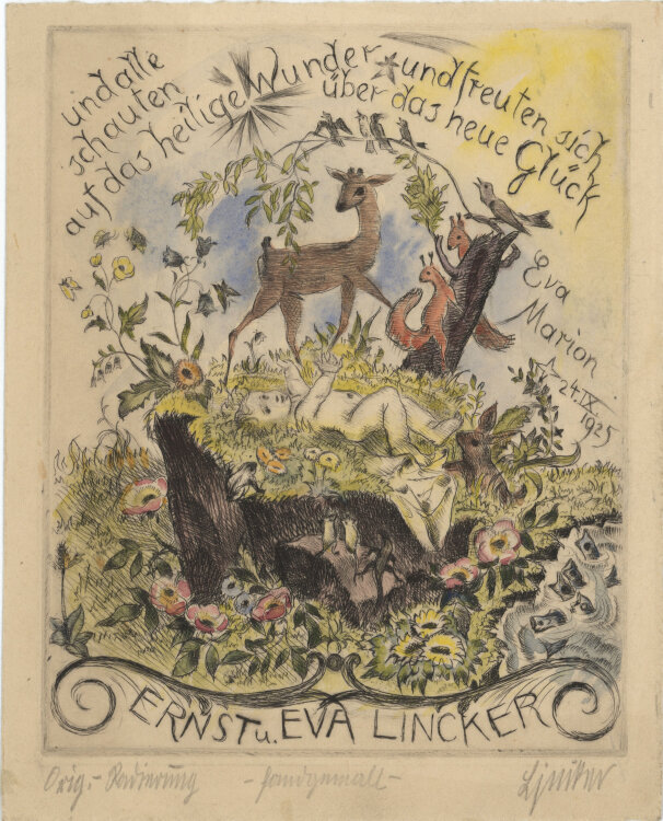 Ernst Lincker - Glückwünsche zur Geburt - 1925 - Radierung, aquarelliert