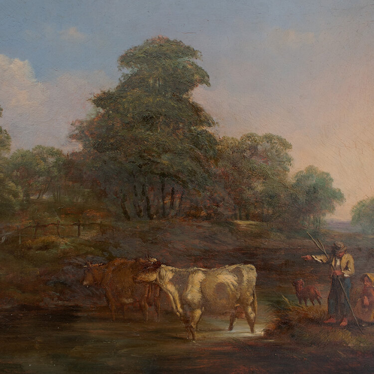 Unbekannt - Landschaft mit Bauern und Rindern - Um 1800 - Öl