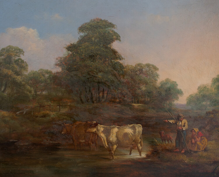 Unbekannt - Landschaft mit Bauern und Rindern - Um 1800 - Öl
