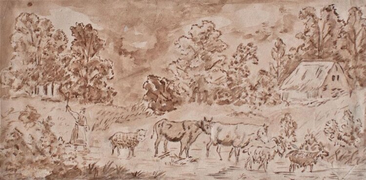 Johann Christian Klengel Umkreis - Landschaft mit Viehherde - undatiert - Tusche