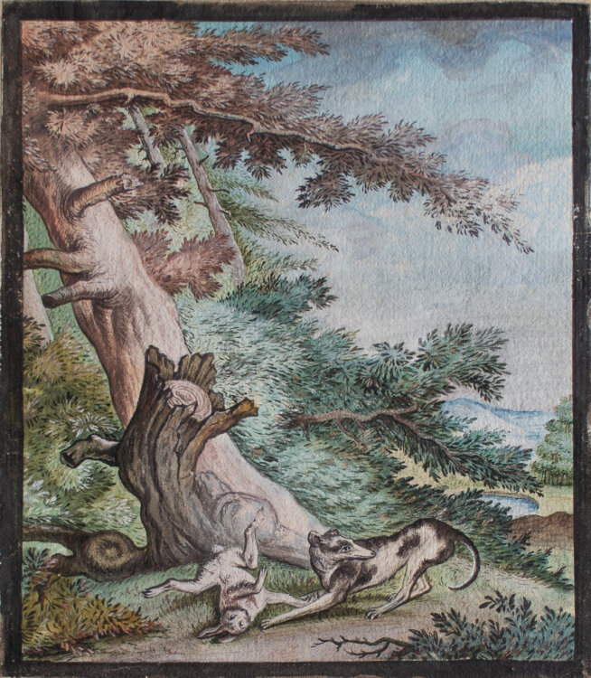 Elias Ridinger nach - Windhund mit Hase - undatiert - Aquarell