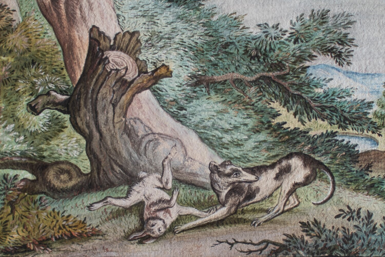 Elias Ridinger nach - Windhund mit Hase - undatiert - Aquarell