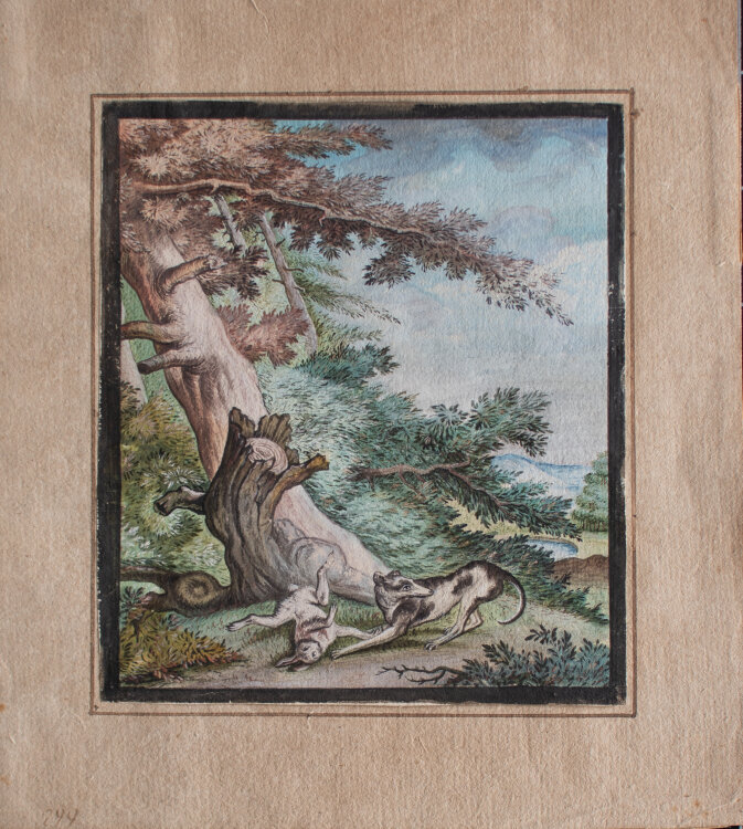 Elias Ridinger nach - Windhund mit Hase - undatiert - Aquarell