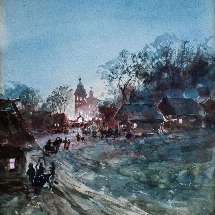 Alexei Pisemsky - Dorf am Abend - um 1890 - Aquarell