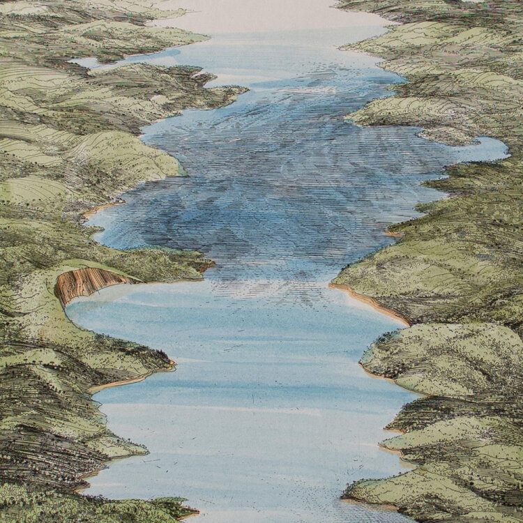 Anton Lehmden - 3 Elemente (Bosporus) - undatiert - handkolorierte (aquarellierte)  Radierung auf Velin