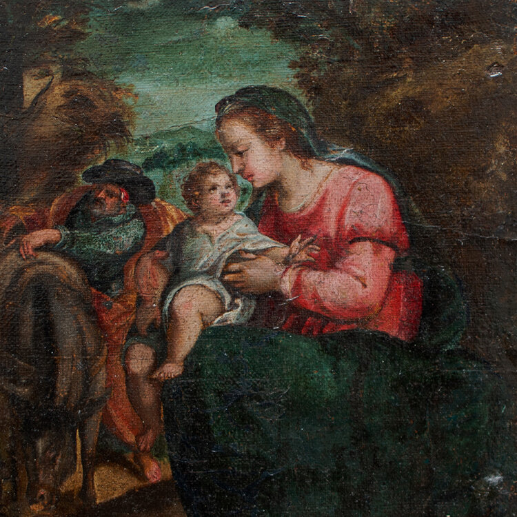 Norditalienischer Manierist nach Agostino Carracci - Vorbereitung für die Flucht nach Ägypten - um 1600 - Öl über Kupferstich