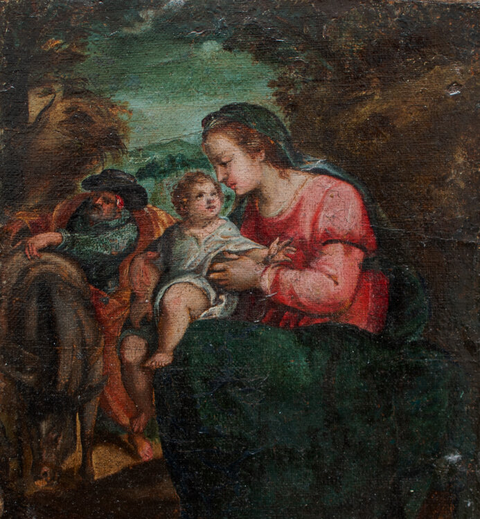 Norditalienischer Manierist nach Agostino Carracci - Vorbereitung für die Flucht nach Ägypten - um 1600 - Öl über Kupferstich