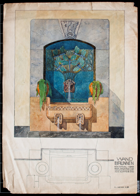 Clara Hesse - Entwurf für einen Wandbrunnen - um 1910 - Aquarell und Feder