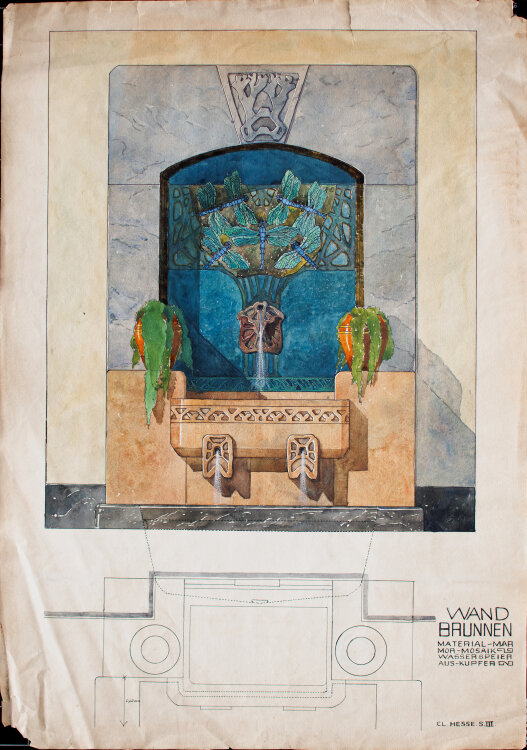 Clara Hesse - Entwurf für einen Wandbrunnen - um 1910 - Aquarell und Feder