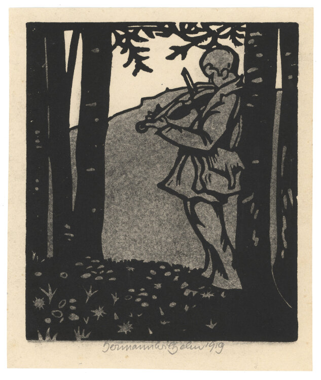 Hermann Wilhelm - Geiger im Wald - 1919 - Holzschnitt mit Kohlestift