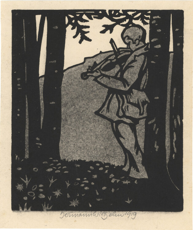 Hermann Wilhelm - Geiger im Wald - 1919 - Holzschnitt mit Kohlestift