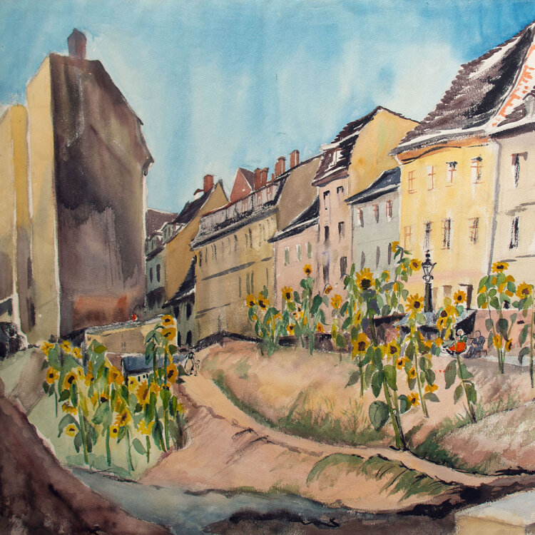 Elfriede Michel - Stadtansicht mit Sonnenblumen - 1933 - Aquarell