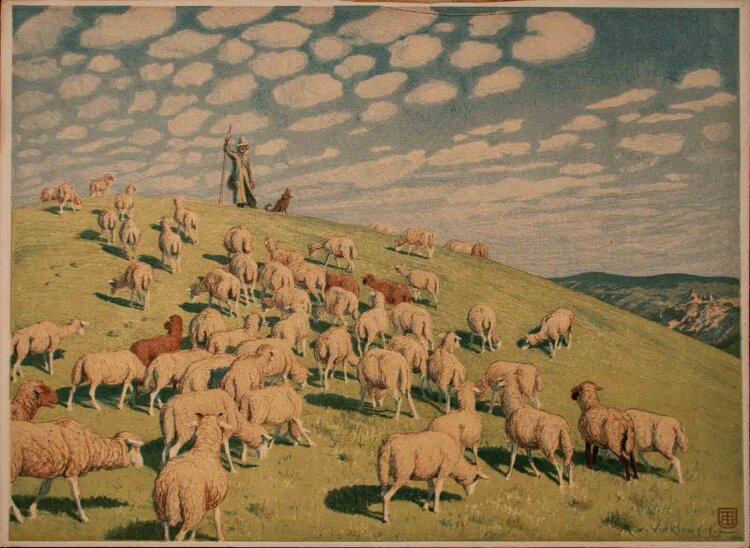 Richard von Volkmann - Hirte mit Schafherde - 1902 - Farblithografie