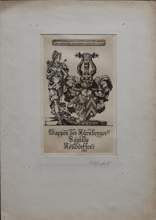 Heinrich Ilgenfritz - Wappen für die Nürnberger Familie Neudörffer, nach Jost Amman - 1929 - Stahlstich