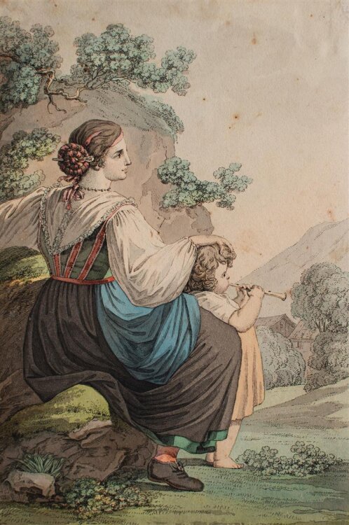 verm. Josef Anton Kapeller - Tiroler Bäuerin mit Kind - 1803 - Aquarellierte Radierung