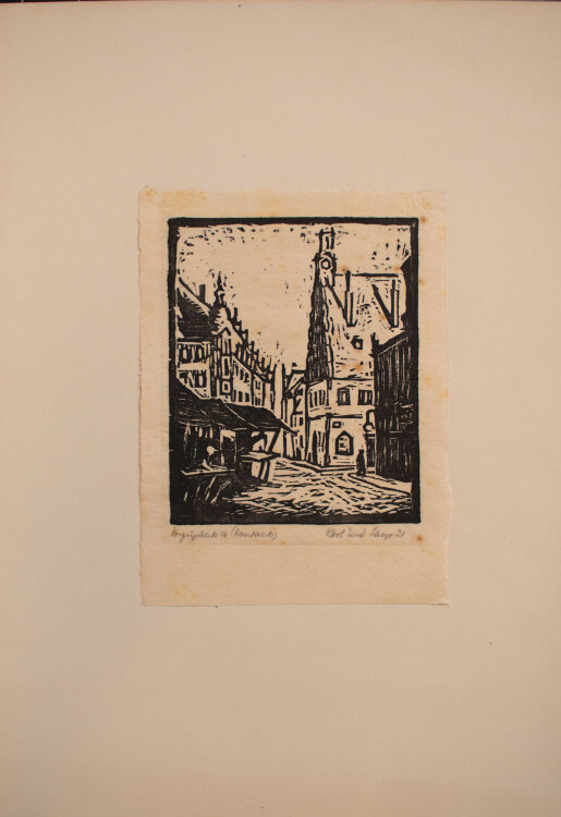 Karl Ernst Lange - Altstadt mit Marktplatz - 1921 - Holzschnitt