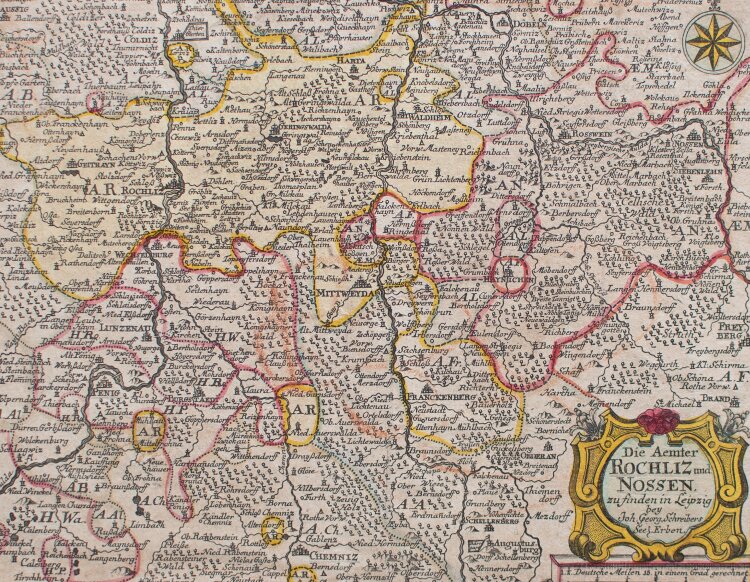 Johann Georg Schreiber - Die Aemter Rochlitz und Nossen - undatiert - Kupferstich in altem Kolorit