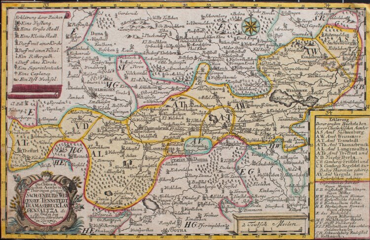 Johann Georg Schreiber - Die Chursaechsischen Aemter in Thüringen gelegen Sachsenburg, Weissensee, Tennstedt, Thamasbruck, Langensaltza - undatiert - Kupferstich in altem Kolorit