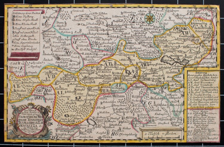 Johann Georg Schreiber - Die Chursaechsischen Aemter in Thüringen gelegen Sachsenburg, Weissensee, Tennstedt, Thamasbruck, Langensaltza - undatiert - Kupferstich in altem Kolorit