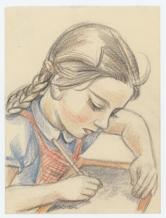 Hanna Forster - Mädchen mit Schreibtafel - 1930er Jahre - Farbstift