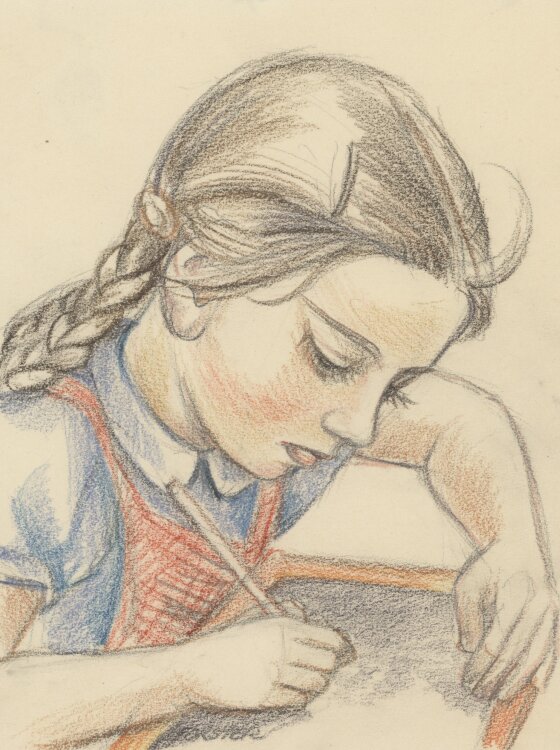 Hanna Forster - Mädchen mit Schreibtafel - 1930er Jahre - Farbstift