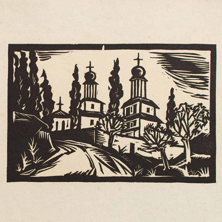 Hanna Forster - Kirchtürme in der Landschaft - 1920er Jahre - Linolschnitt