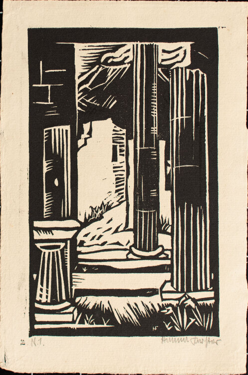 Hanna Forster - Antike Ruinen vor Vulkan - 1920er Jahre - Linolschnitt