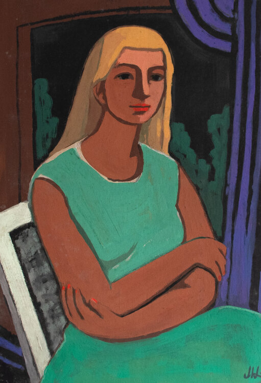 Hellmuth Müller-Leutert - Frau im grünen Kleid am Fenster - 1950er Jahre - Acryl