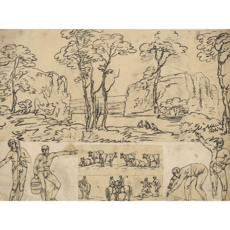 Englischer Zeichner - Landschaft und Figurenskizze - 1814 - Tuschezeichnung