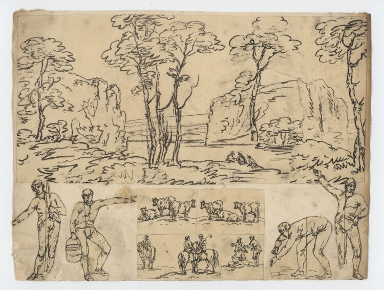 Englischer Zeichner - Landschaft und Figurenskizze - 1814 - Tuschezeichnung