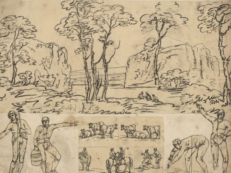 Englischer Zeichner - Landschaft und Figurenskizze - 1814 - Tuschezeichnung