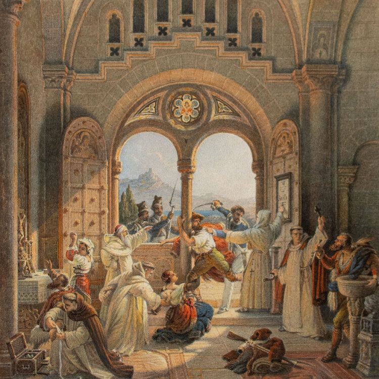 Maximilian Albert Hauschild - Zuflucht im Kloster - 19. Jhd. - Aquarell und Bleistift, teils eiweißgehöht