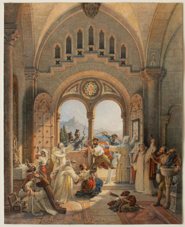 Maximilian Albert Hauschild - Zuflucht im Kloster - 19. Jhd. - Aquarell und Bleistift, teils eiweißgehöht