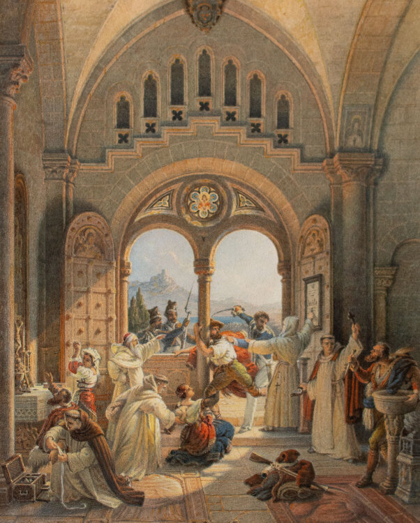Maximilian Albert Hauschild - Zuflucht im Kloster - 19. Jhd. - Aquarell und Bleistift, teils eiweißgehöht