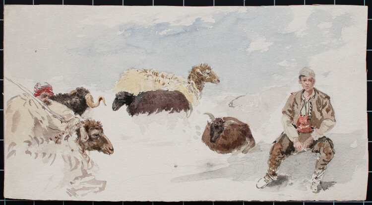 Unbekannt - Hirten mit Schafherde - 19. Jhd. - Aquarell