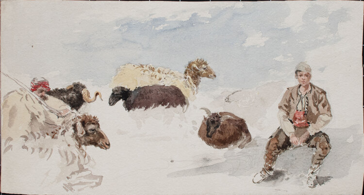 Unbekannt - Hirten mit Schafherde - 19. Jhd. - Aquarell