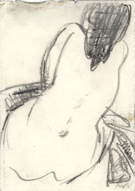 Jürgen Wenzel - Sitzender Rückenakt - 1999 - Kohlestift und Bleistift