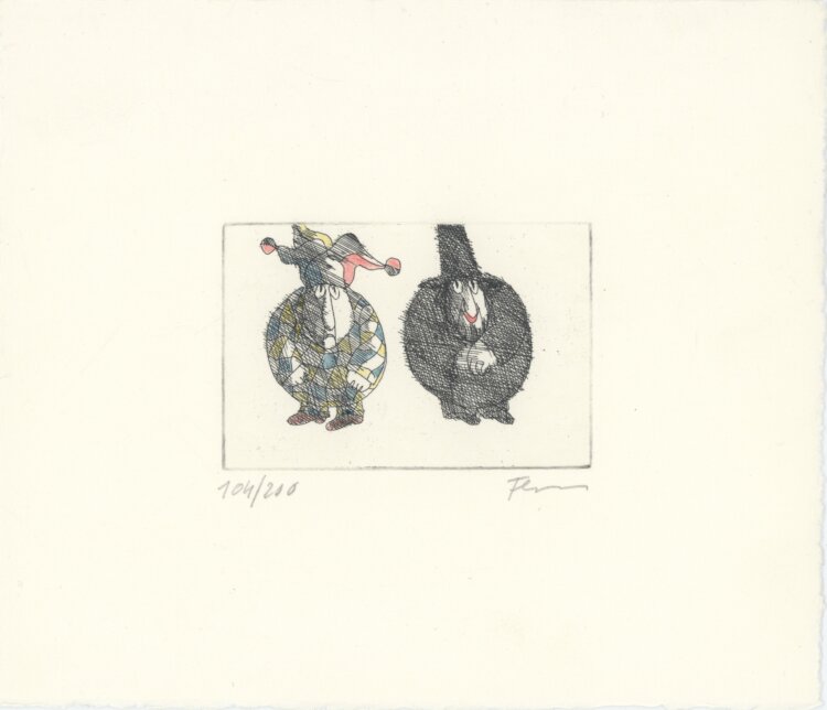 Paul Flora - Boshafter Unglücksvogel - 1987 - Buch mit kolorierter Radierung auf Büttenpapier
