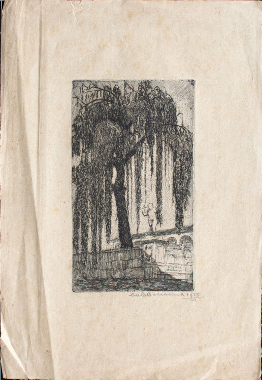 Carlo Bonacina - Trauerweide und Skulptur - 1928 - Radierung
