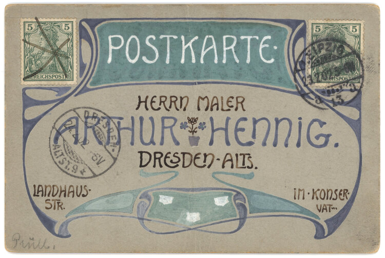 Alfred Prüll an Arthur Hennig - Jugendstil-Postkarte - 1902 - Aquarell, Gouache, Feder und Bleistift sowie Fotografie