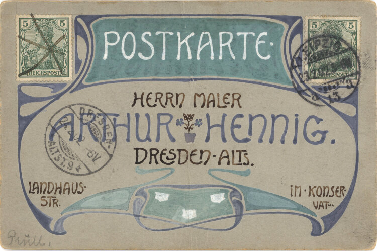 Alfred Prüll an Arthur Hennig - Jugendstil-Postkarte - 1902 - Aquarell, Gouache, Feder und Bleistift sowie Fotografie