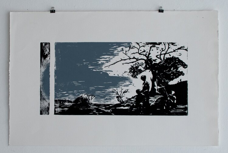 Luise Dewerny - Graue Landschaft mit Rastenden - o. J. - Mehrfarbiger Holzschnitt