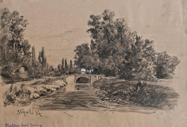 Emil Zeising - Flußlandschaft mit Pferdekutsche - 1884 - Bleistift