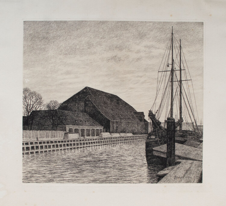 Adolph Larsen - Hafen mit Schiff - 1925 - Radierung