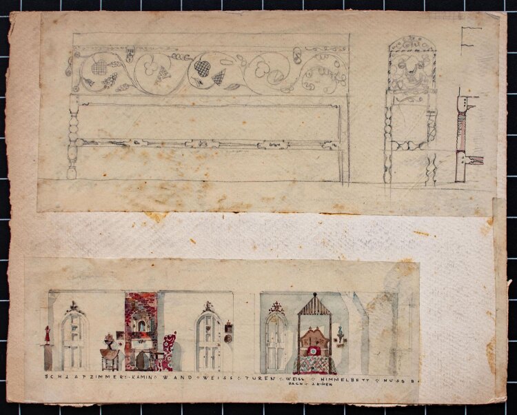 Unbekannt - Schlafzimmerentwurf - aquarellierte Bleistiftzeichnung - um 1920
