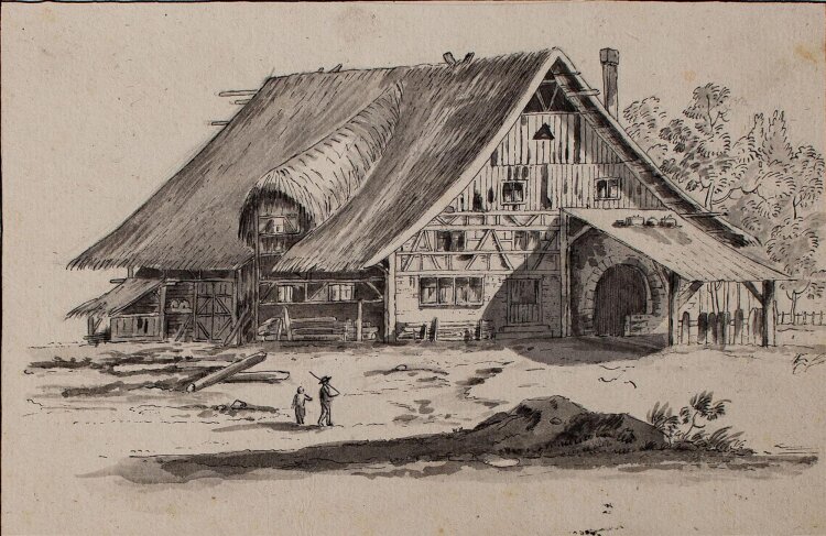 Unbekannt - Strohgedeckte Hütte - lavierte Tuschezeichnung - o. J.