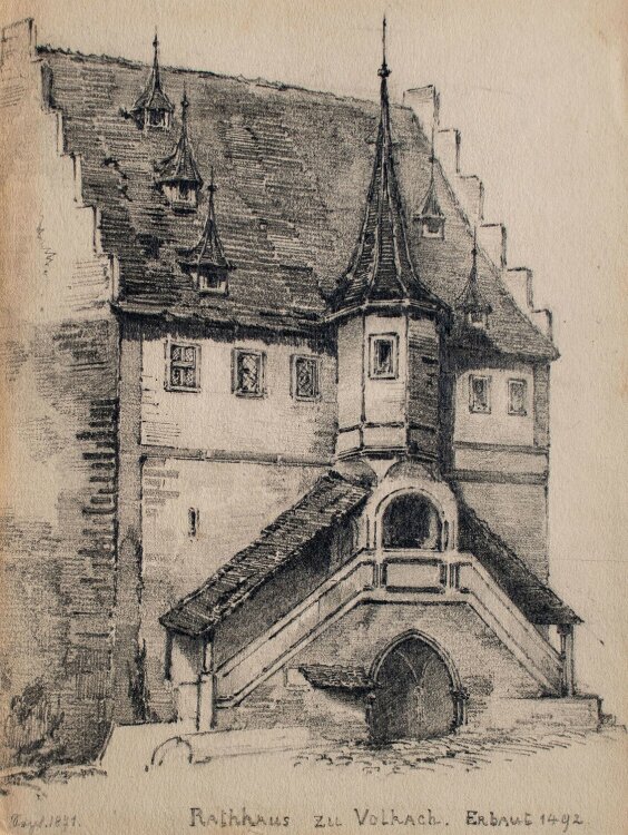 Unbekannt - Rathaus zu Volkach, Bayern - Zeichnung - 1871