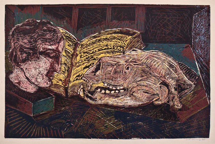 Ingrid Goltzsche - Stillleben - Museale Gegenstände - o.J. - Farblinolschnitt