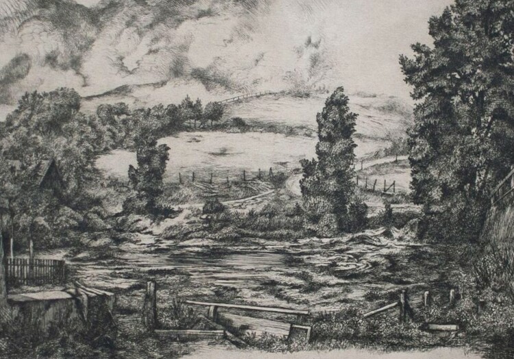 Oskar Coester - Landschaft mit kleinem Anwesen - 1938 - Radierung